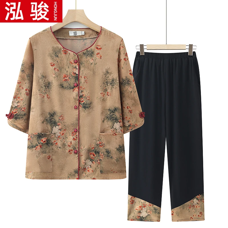 女装中老年妈妈装夏季薄款中袖套装老年人洋气老太太奶奶装开衫