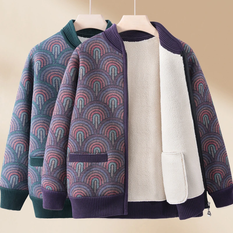 老年人保暖女奶奶春秋装加绒加厚针织衫妈妈中老年冬季外套毛衣