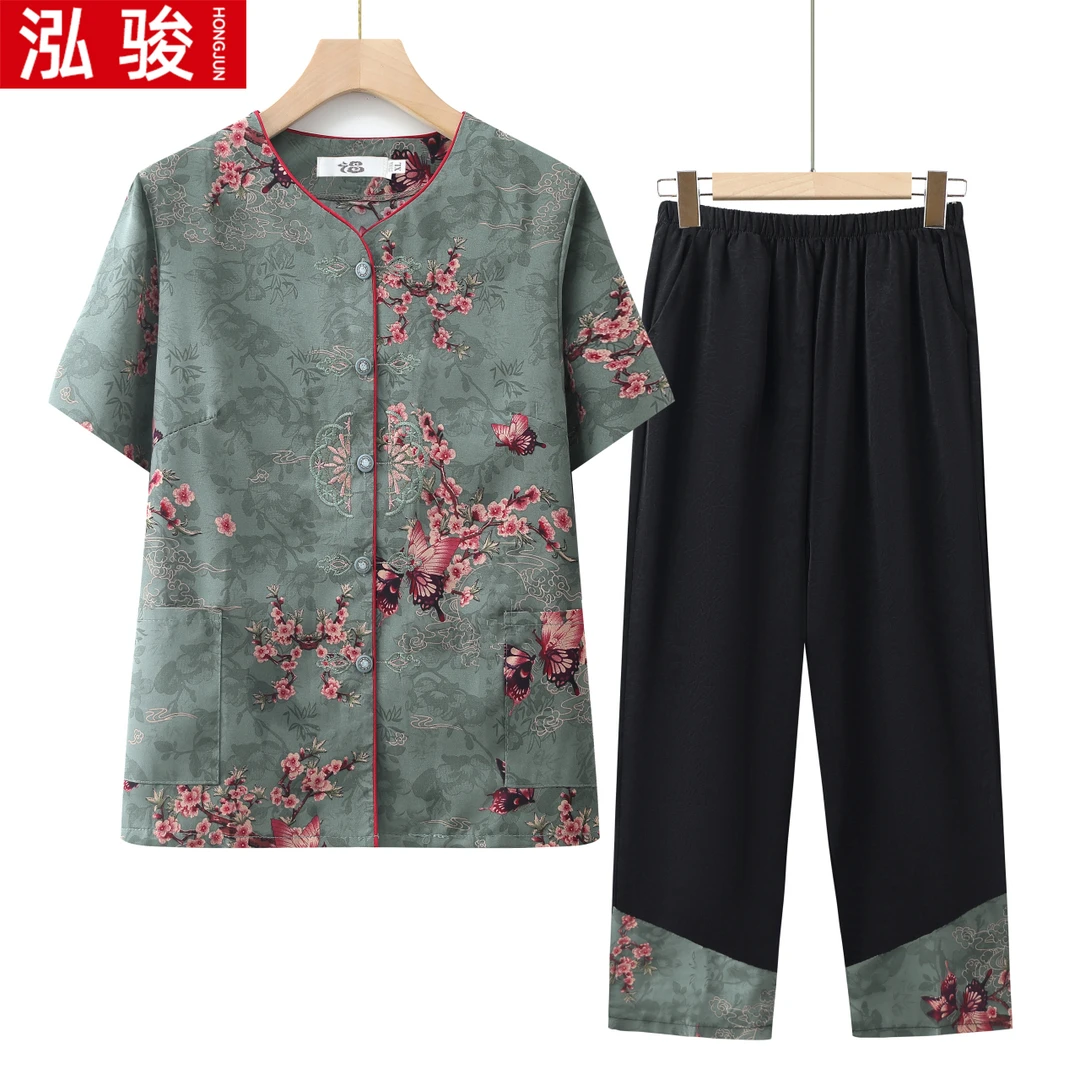 新款中老年奶奶夏装衬衫大码妈妈装中老年宽松短袖老太太两件套