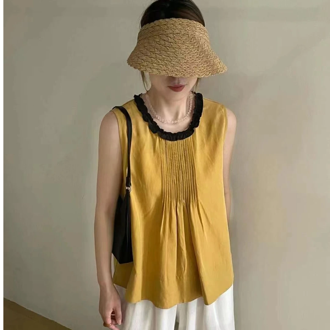 夏季女装坎肩无袖背心上衣木耳边圆领