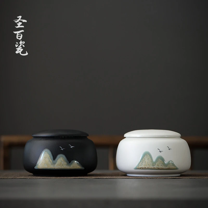 锦绣山河粗陶茶叶罐小号陶瓷手绘密封罐家用存茶储罐子防潮茶仓盒