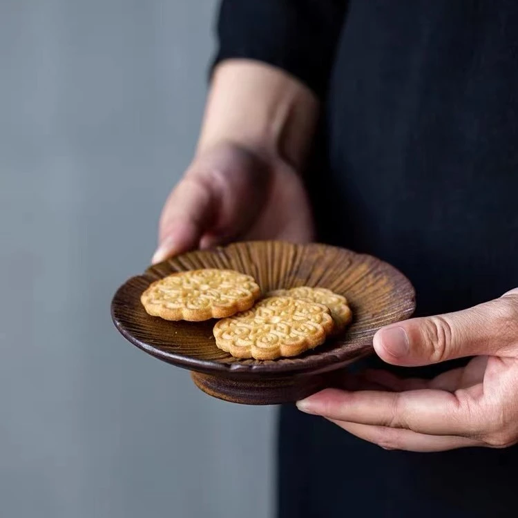 粗陶酱釉壶承果盘 中式复古办公家用茶点盘碟子 茶道点心盘