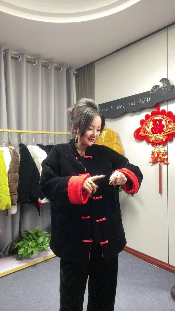 908【国风】冬季丝绒棉服外套加厚立领