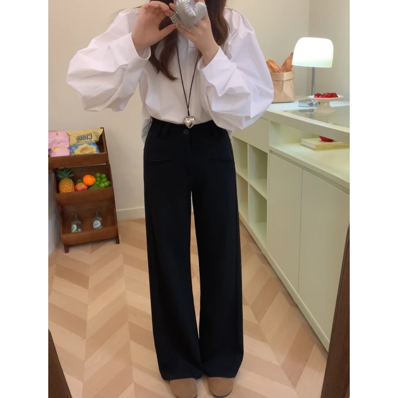 腿粗专属｜流浪丹宁黑色窄版西装裤女秋季高腰显瘦垂感休闲弧裤