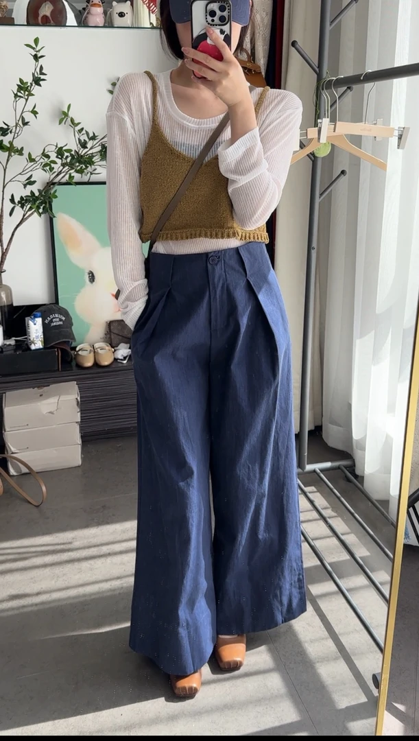 直筒阔腿裤收腰修身提臀线