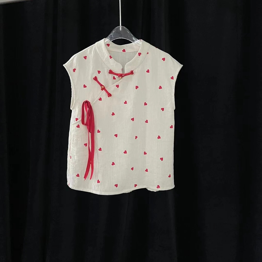 【喜儿定制】夏季新款女童中大童白色时尚复古中式印花无袖套装