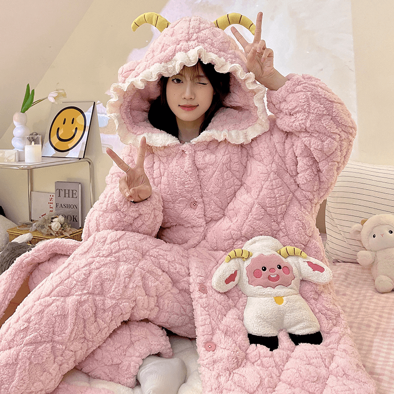 可爱连帽睡袍珊瑚绒睡衣女秋冬保暖加厚夹棉甜美粉色家居服两件套