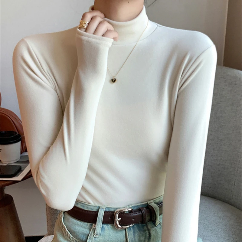 秋冬新款内搭半高领打底衫女修身T恤长袖纯色保暖上衣设计感小众
