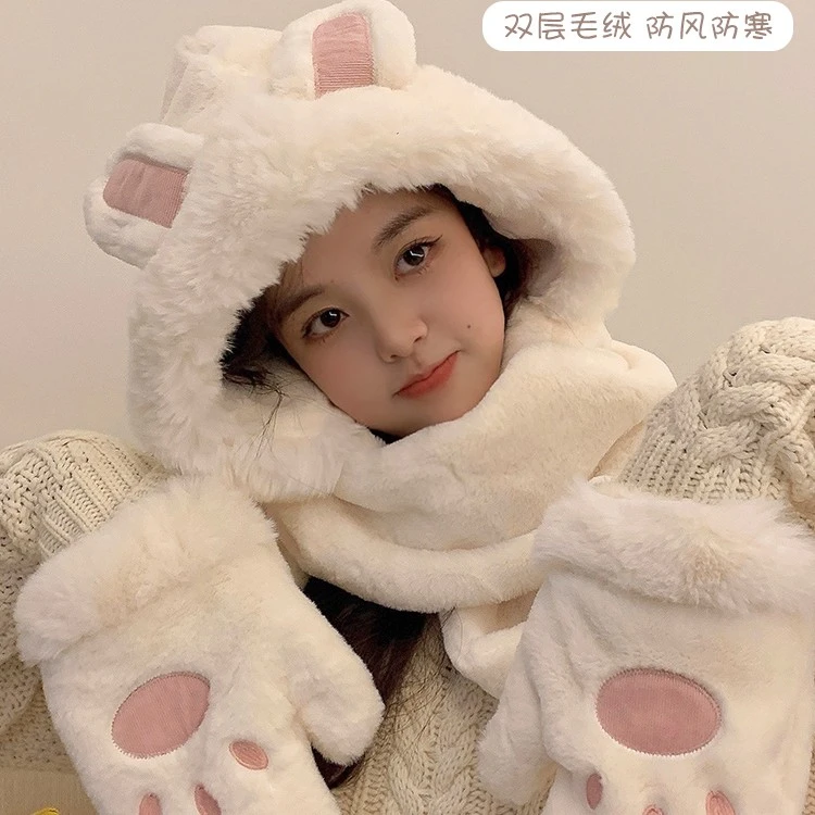 兔子耳朵帽子围巾手套一体女冬季三件套韩版可爱毛绒保暖护耳围脖