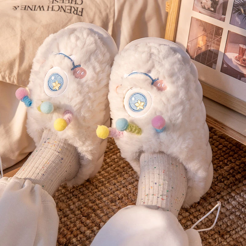 可爱棉拖鞋女冬天保暖居家用室内加绒卡通搞怪小怪兽毛绒绒厚底鞋