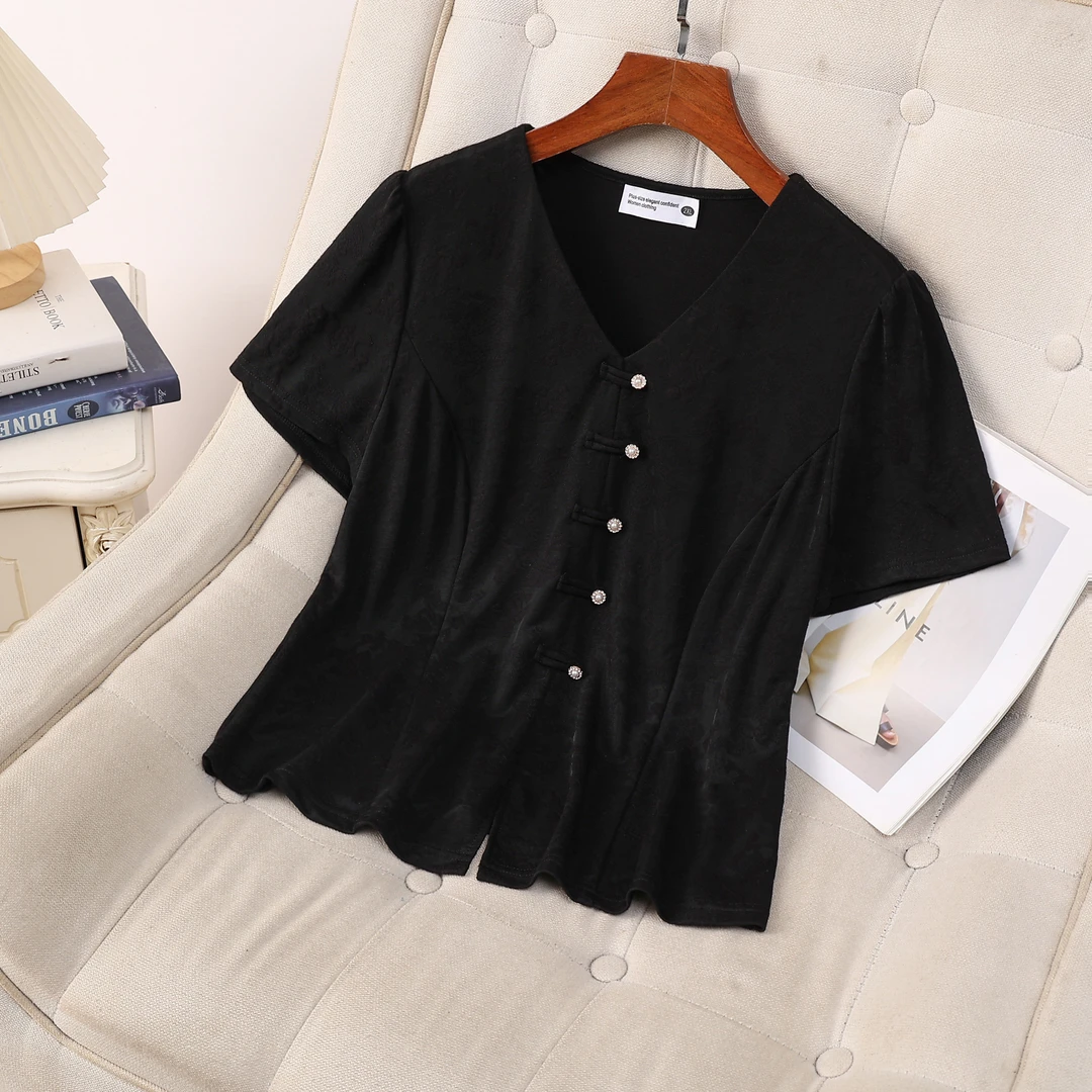 【兰亭序曲】大码女装夏季新中式气质显瘦V领衬衫13370-6-6