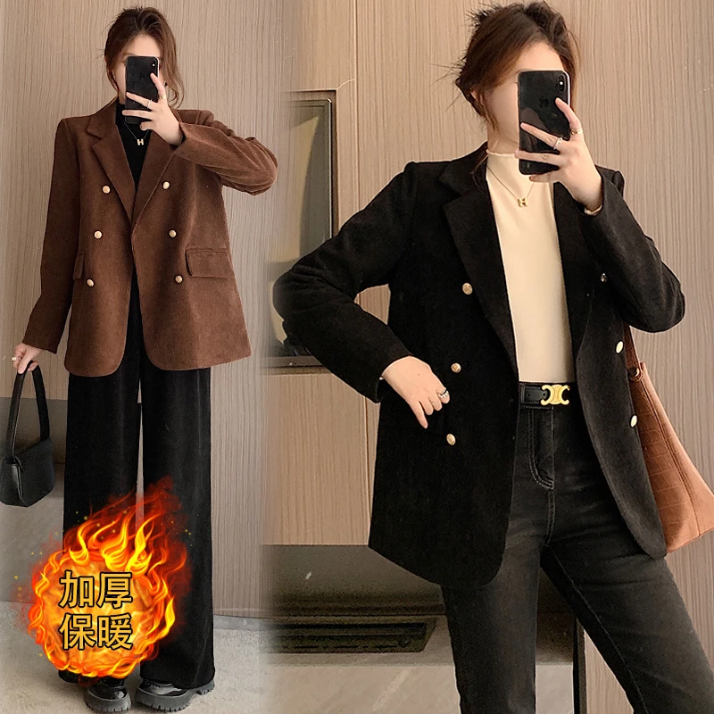 实拍2023冬装胖mm大码宽松休闲西服加棉加厚美拉德西装外套18357