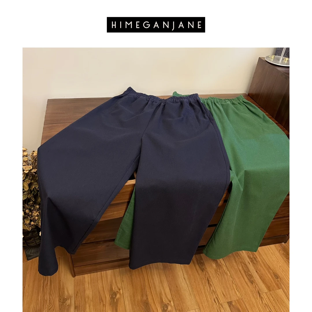 HIMEGANJANE 麻日系松紧腰 宽松百搭直筒阔腿裤女24760