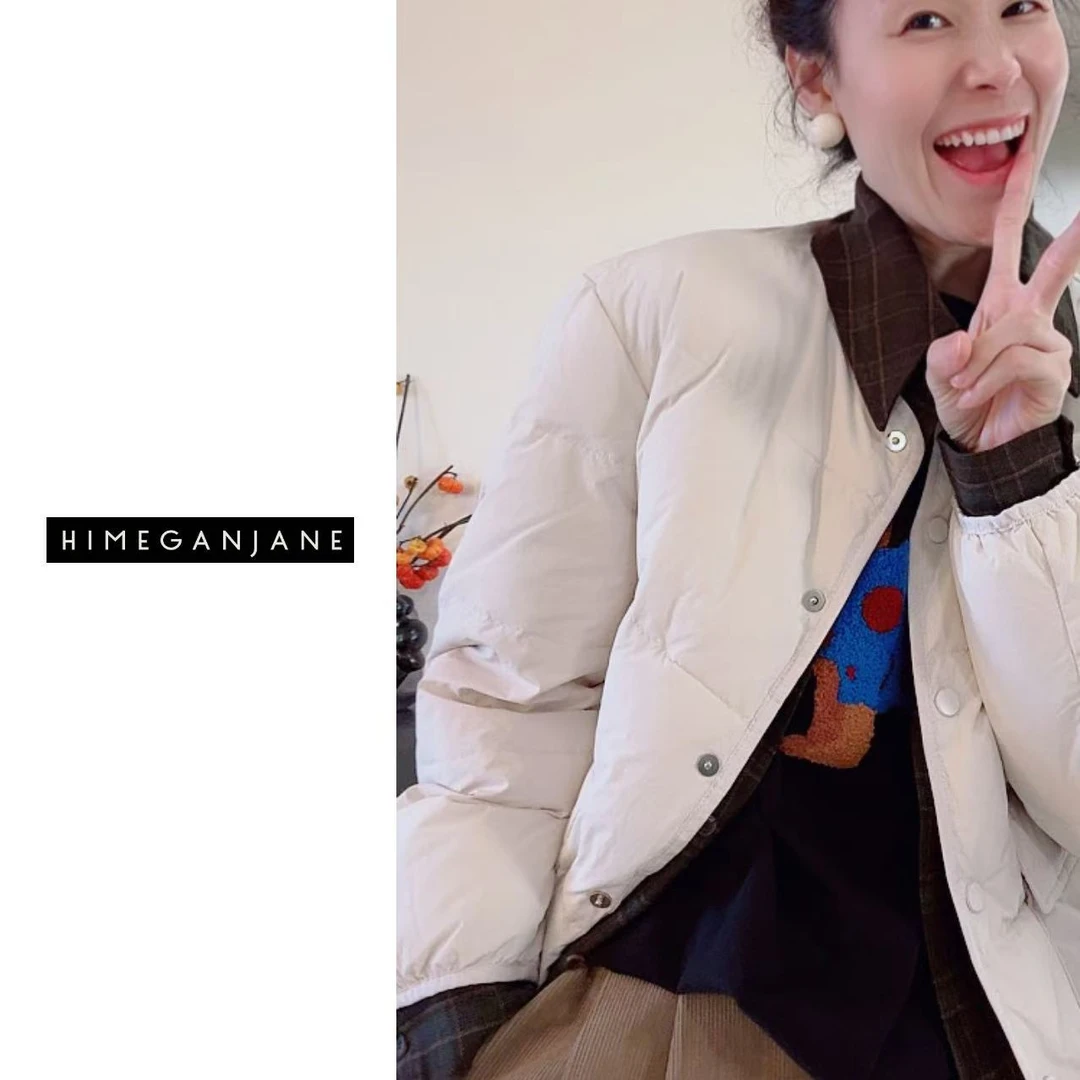 HIMEGANJANE 翻领拼接复古格子假两件保暖白鸭绒羽绒外套 241002