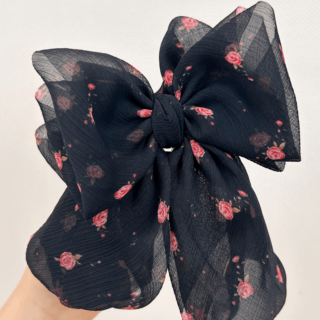 雪纺黑色玫瑰蝴蝶结高马尾夹女高级感气质后脑勺发抓新款发饰