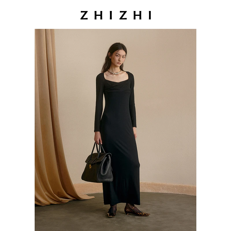 致知 一丛花 黑色修身长袖连衣裙女2024春季新款钓系ZZ2DAWL2009