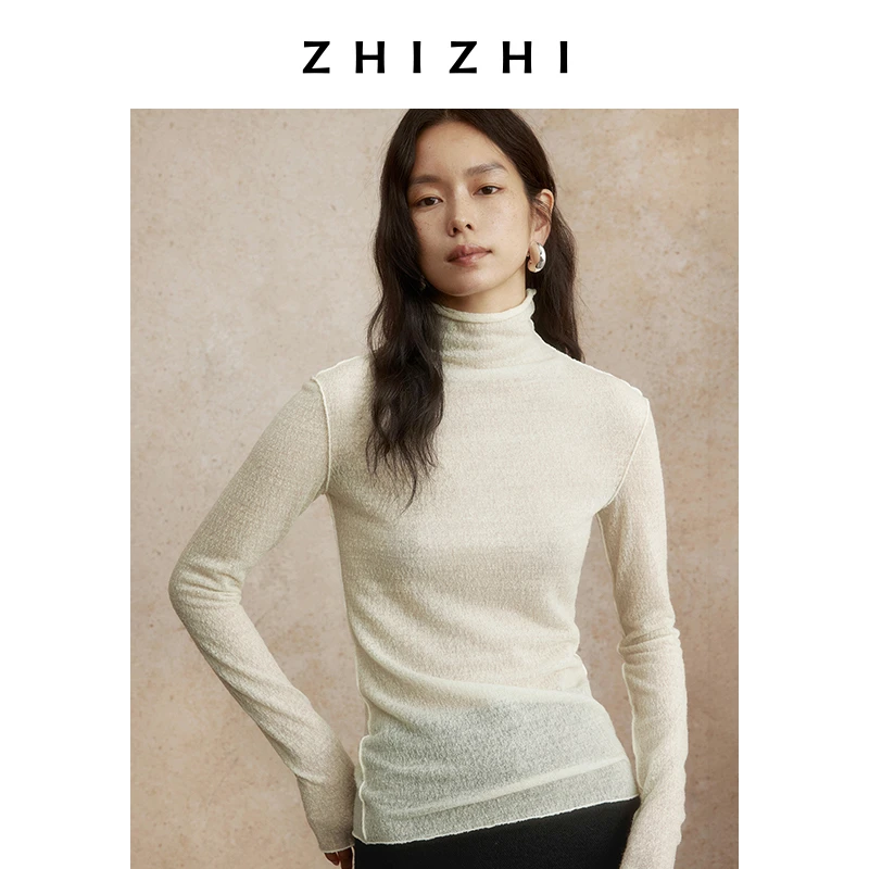 致知月当庭 蕾丝堆叠半高领T恤女冬新款修身上衣ZZ2DWWTW063