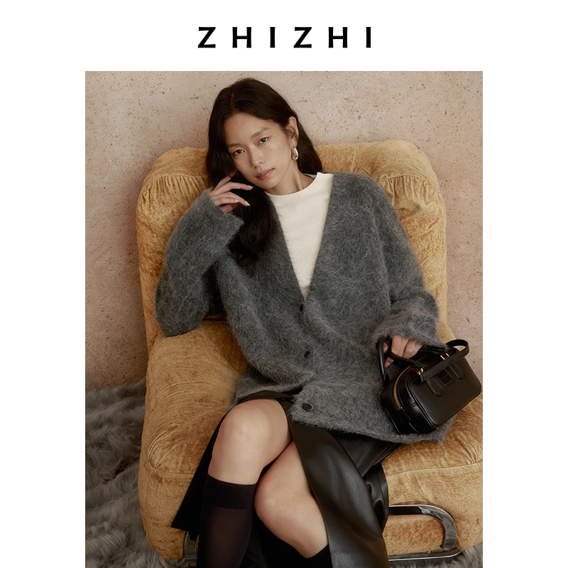 致知 忆旧游 极简灰色慵懒开衫女2024冬新款落肩宽松ZZ2DWKJL020