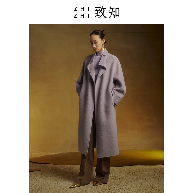 致知鸣春沼 简约毛呢外套2024冬双面呢翻领气质中长款ZZ2CWWW9012