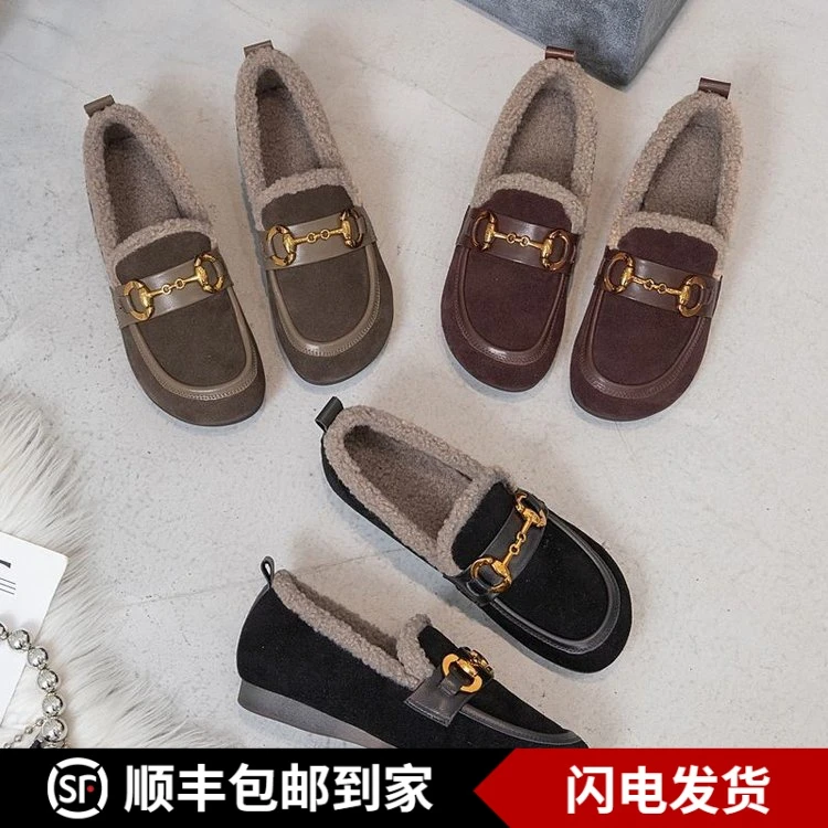 时尚毛绒豆豆鞋女秋冬加绒保暖牛津底一脚蹬单鞋磨砂皮妈妈鞋棉鞋
