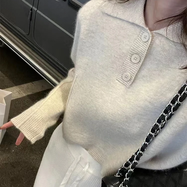 秋冬新款女100羊毛衫翻领加厚宽松打底衫减龄针织短款百搭上衣BC