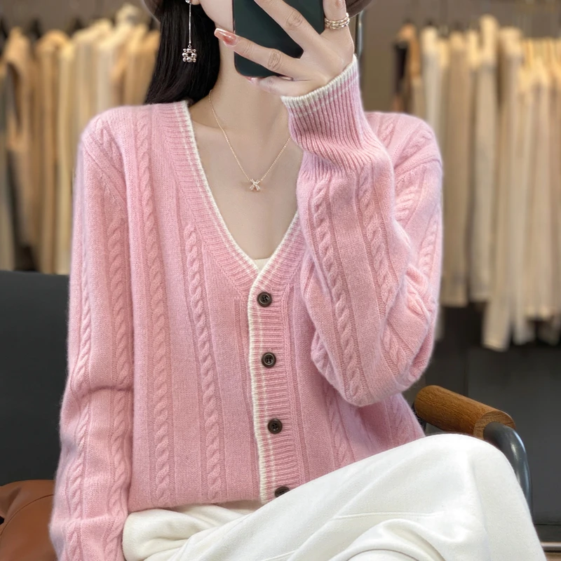 秋冬款扭花纯羊毛针织衫开衫女宽松纯色显瘦气质时尚百搭长袖上衣