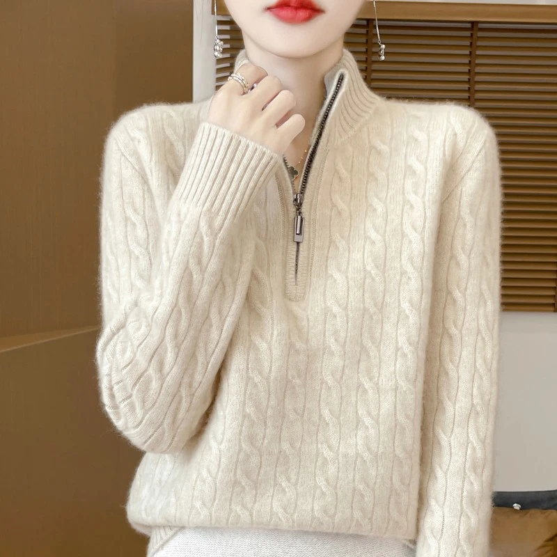 秋冬季半开拉链套头毛衣女100羊毛衫长袖针织衫宽松气质软糯上衣