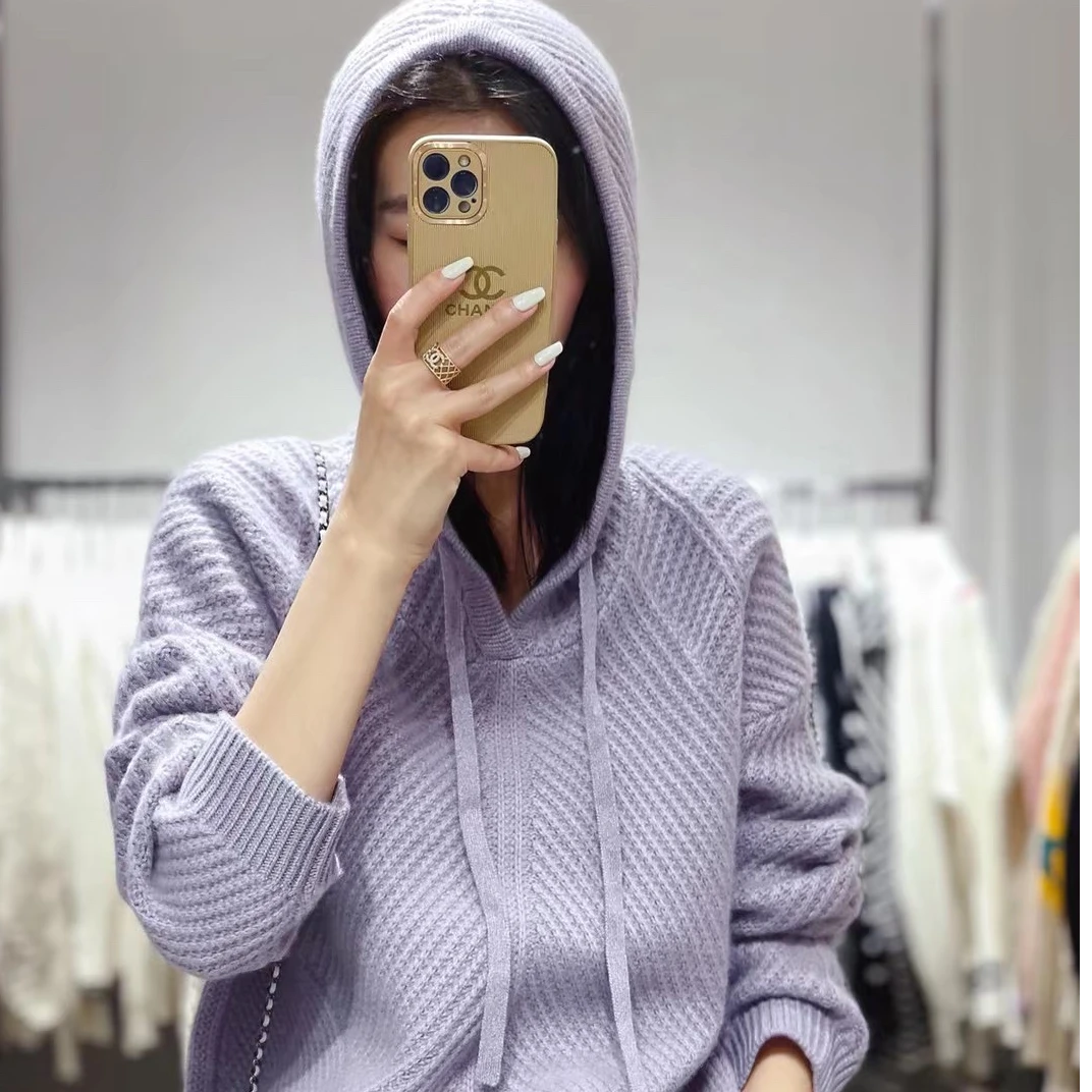 秋冬新款纯色连帽套头100纯羊毛针织衫女外穿打底衫毛衣