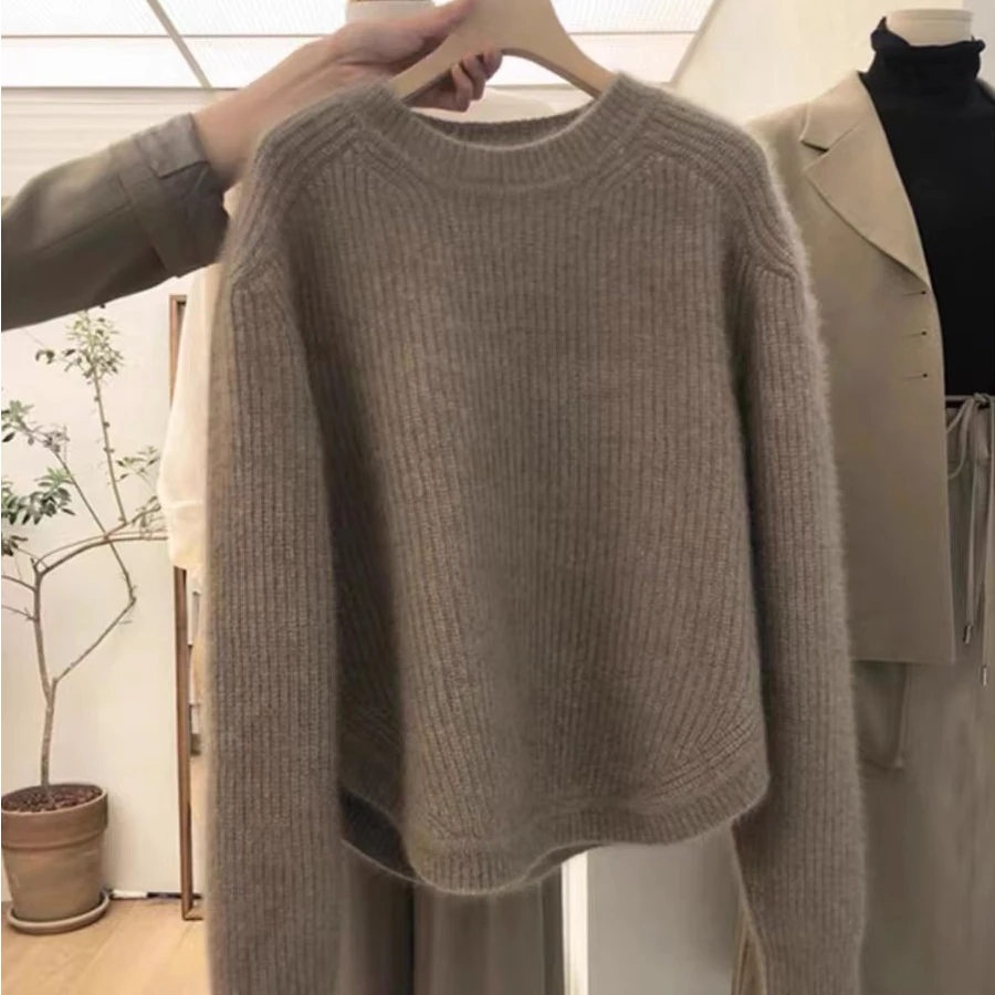 秋冬季新款纯色圆领短款纯羊毛衫女休闲百搭套头针织打底衫上衣