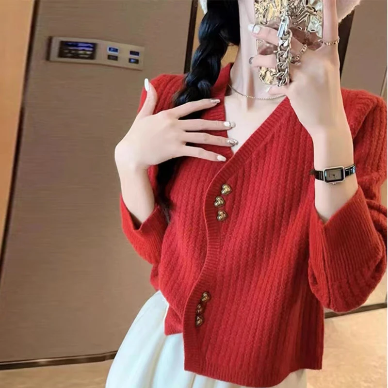 春秋V领100纯羊毛针织开衫百搭时尚毛衣女士显瘦软糯外套气质上衣