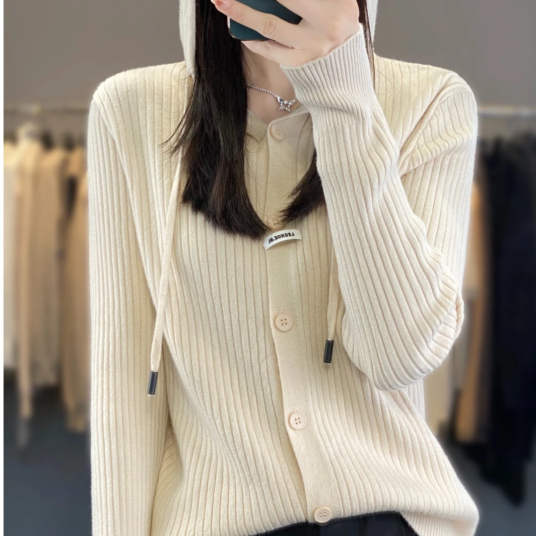 2024年秋冬新款纯色连帽纯羊毛针织长袖开衫女宽松显瘦毛衣外套