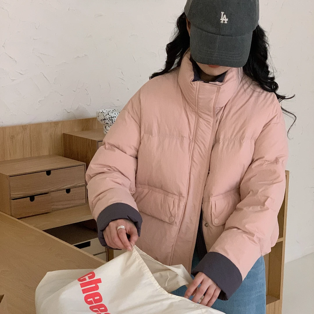 【丹姐专属】冬季撞色立领白鸭绒羽绒服洋气女