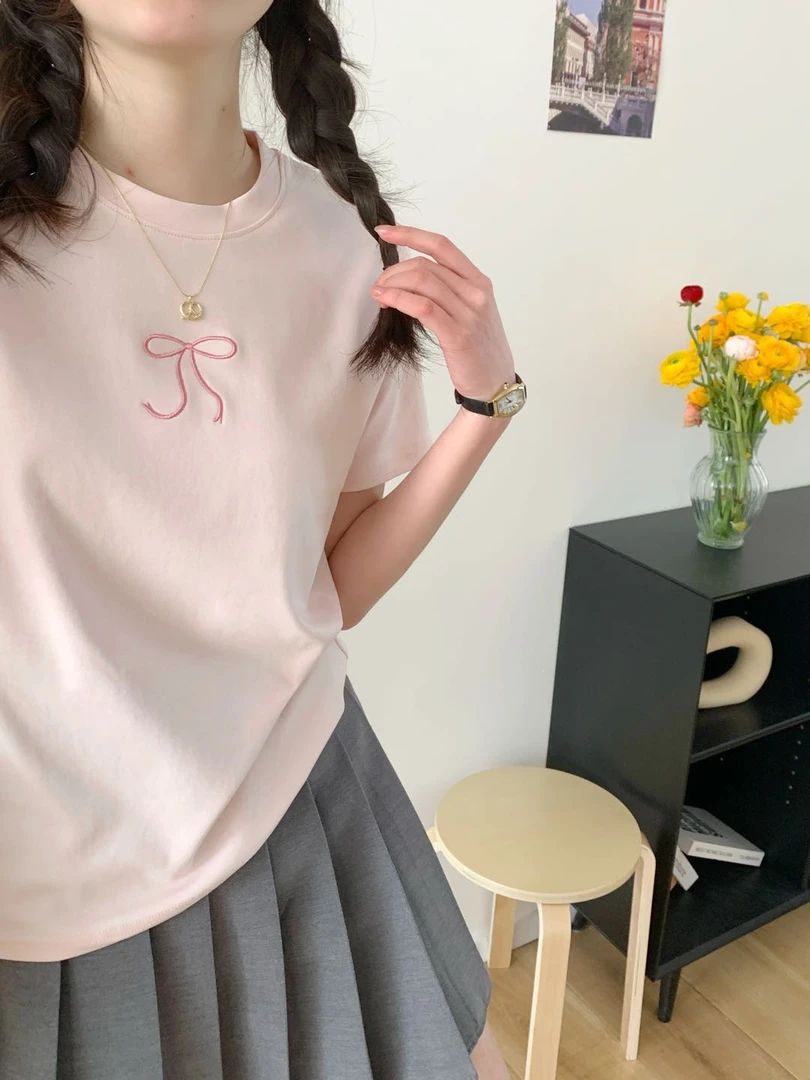 重工刺绣蝴蝶结夏季圆领韩版短款学生少女时尚显瘦