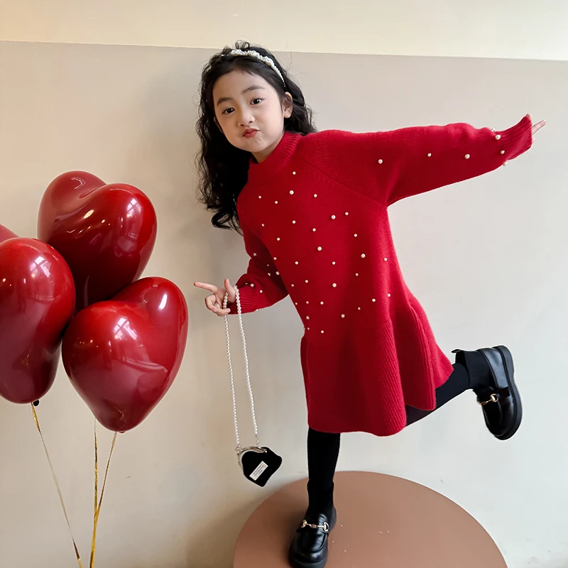 女童红色连衣裙秋冬2024新款儿童毛衣裙拜年服喜庆新年衣服公主裙