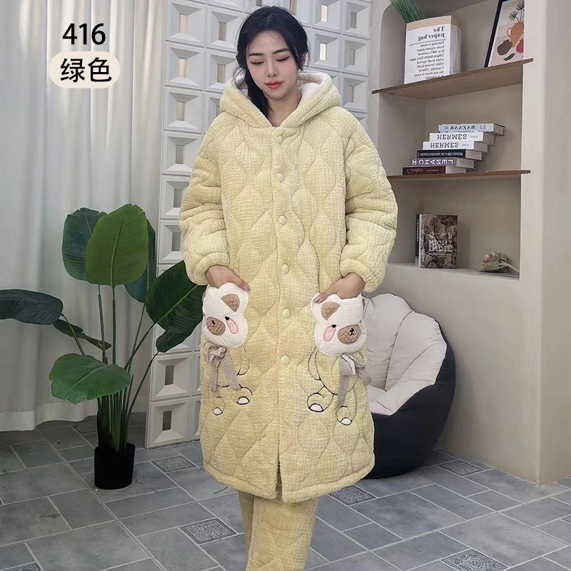 【主播专享】416#MSL 女三层加厚夹棉牛奶绒长袍家居服套装