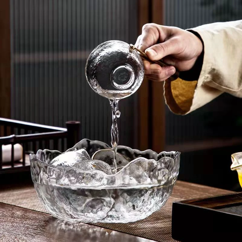 日式玻璃茶洗家用大容量透明水盂锤纹碗水洗杯洗创意茶具大号碗