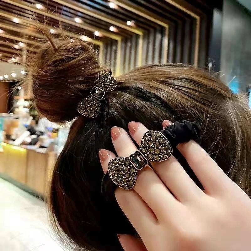 复古时尚蝴蝶结水晶满钻发圈发绳法式大肠圈头绳橡皮筋高级感头饰