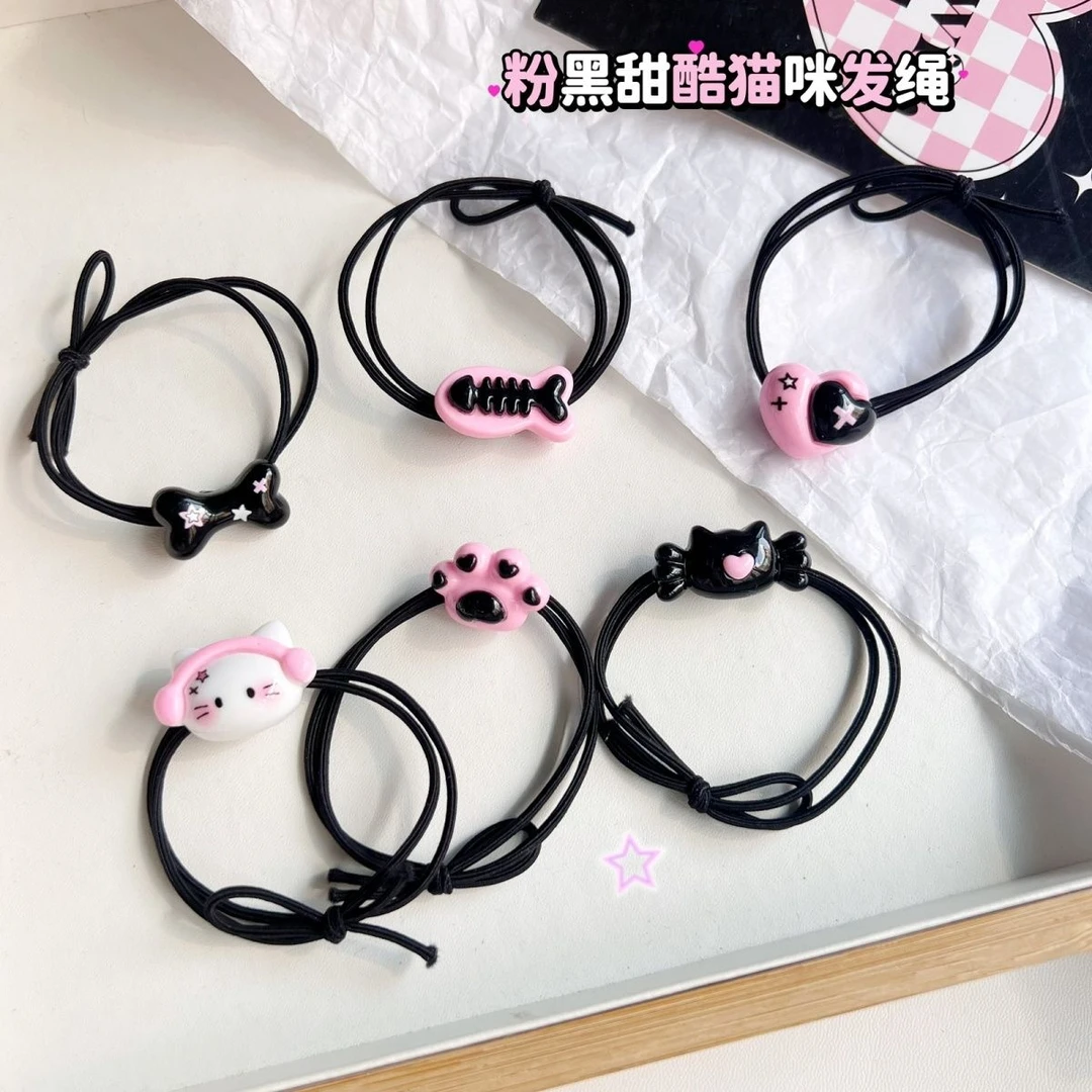粉黑朋克猫咪骨头发绳y2k小鱼情侣皮筋辣妹ins发圈少女心卡通头饰