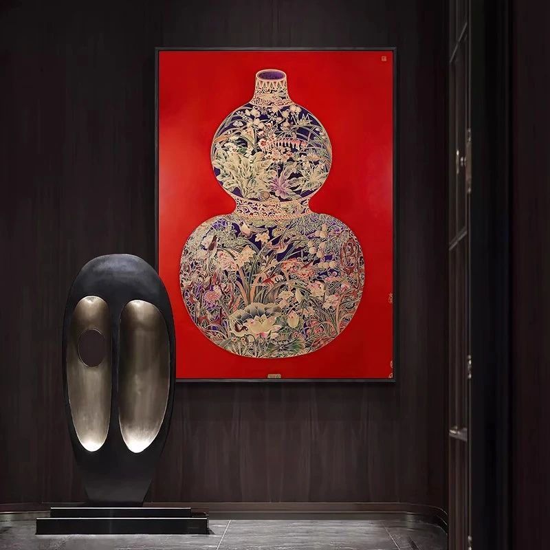 红色葫芦新中式客厅玄关挂画禅意高级感茶室砂岩装饰画走廊肌理画