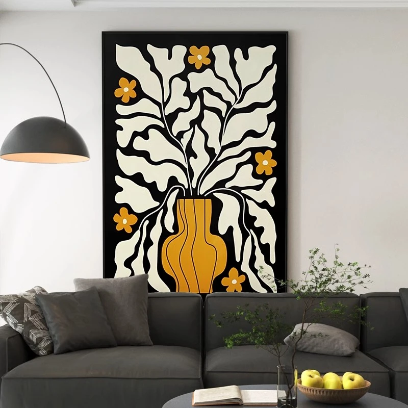 现代抽象植物花黑白灰风格高级感砂岩装饰画法式客厅走廊尽头挂画