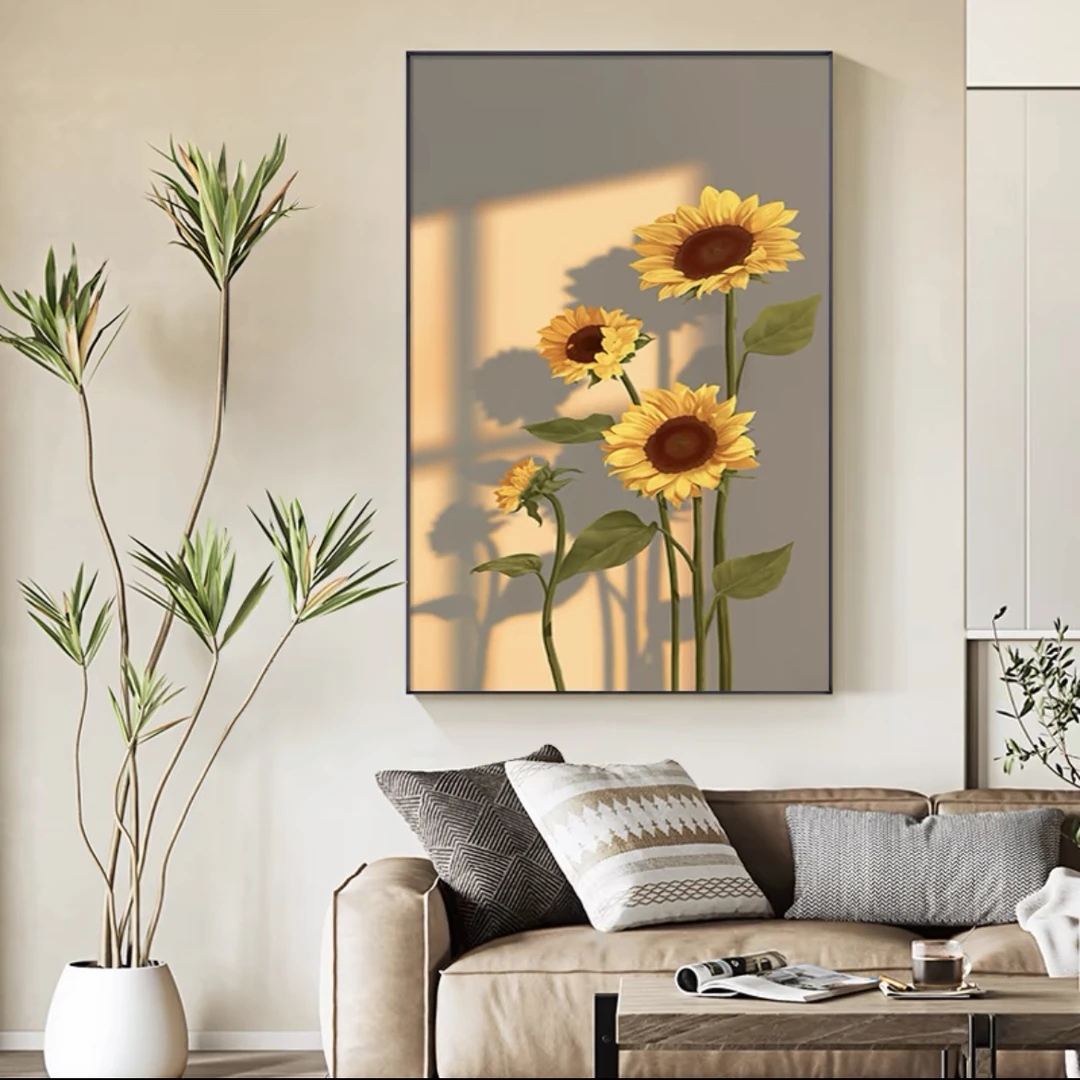 北欧风玄关装饰画向日葵温馨暖色简约走廊过道挂画肌理感入户挂画