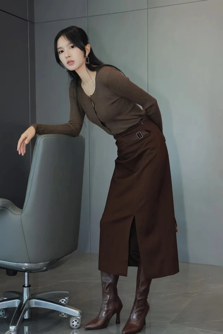 MASIENDI玛丝恩迪韩版高腰包臀过膝开叉半身裙通勤女