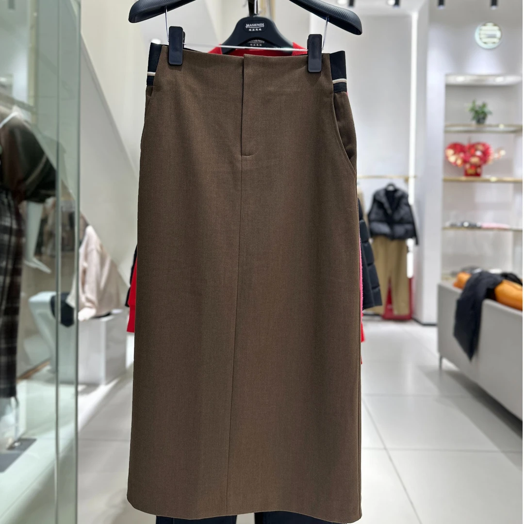 MASIENDI玛丝恩迪撞色松紧腰后开叉高腰显瘦包臀半身裙女