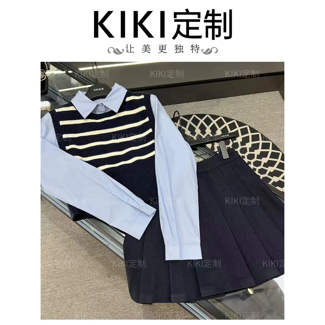 【校园日记】秋季北极绒翻领假两件学院风百褶毛衣+短裙套装