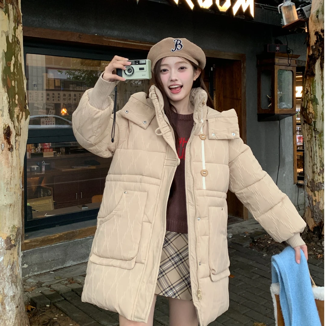 8811长款华夫格面料棉服洋气棉服外套