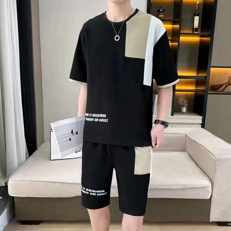 华夫格男士夏季休闲运动套装短袖短裤两件套宽松潮流时尚百搭圆领