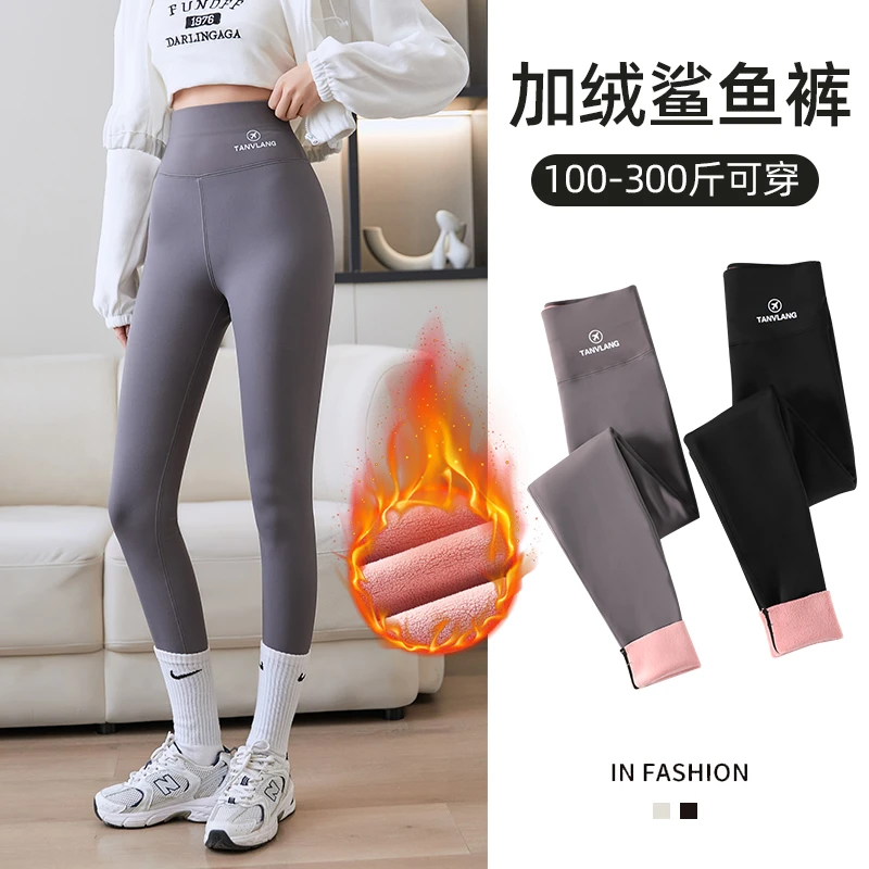 大码加绒特厚鲨鱼裤女冬季胖妹妹高腰羊羔绒棉裤紧身保暖芭比裤