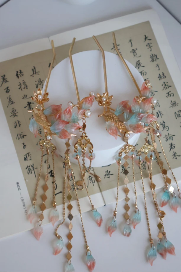 原创（双鲤）锦鲤流苏发饰汉服配饰古风配饰