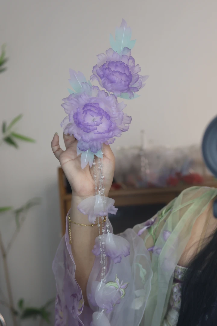 原创（紫莳）真丝烫花流苏法式汉服配饰古风发饰