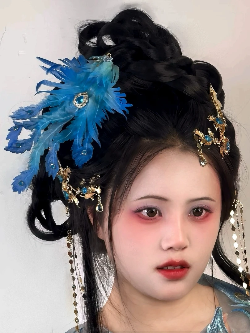 原创（青玄）孔雀真丝烫花发饰仙气汉服配饰古风配饰